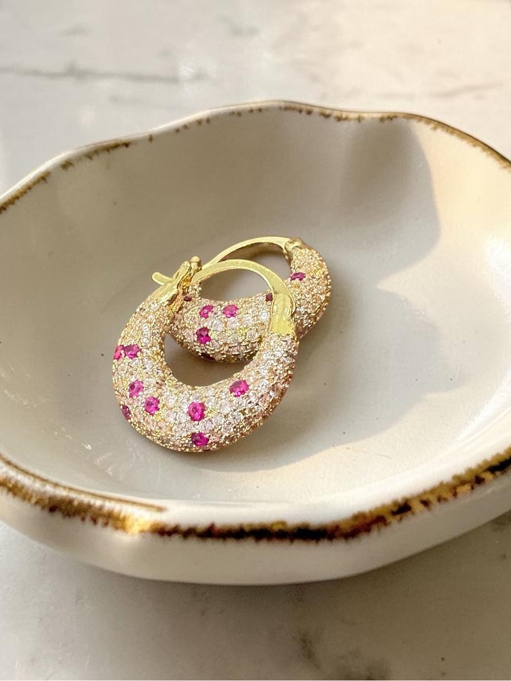 Gold-Tone Pink Crystal Huggie Earrings